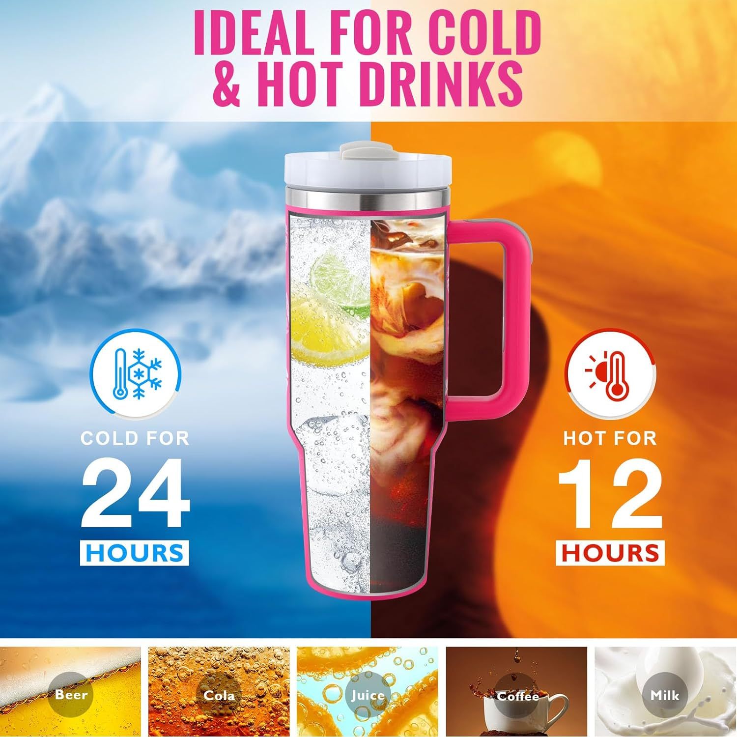 Vaso térmico con asa y tapa anti-derrames (1.200 ML / 40 Oz)